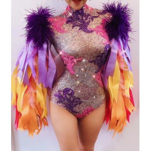 Colourful Feather Sleeve Rhinestone Bodysuit Women Nightclub Bar Party Outfit Performance Dance Costume